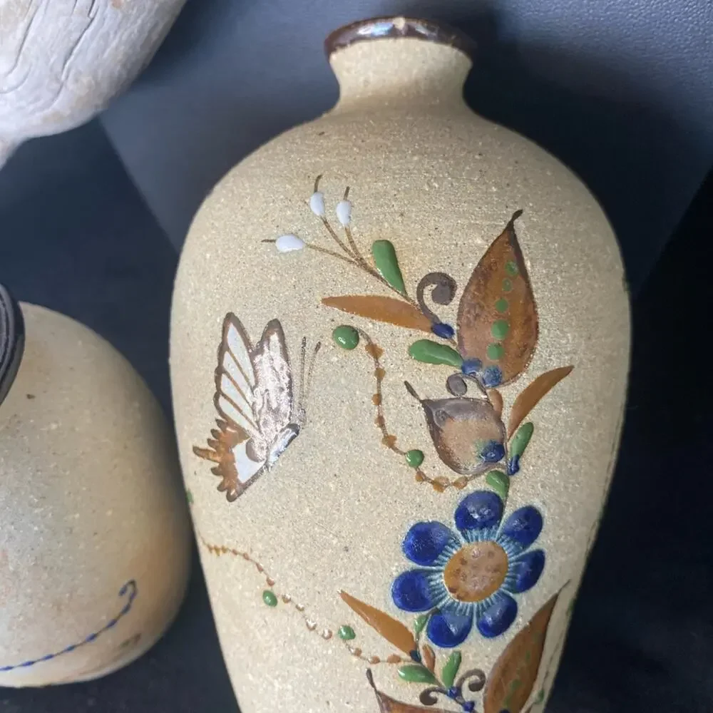 Set of 2 Mexican Mid 20th Century Sand Finish Pottery Vases. Hand painted.